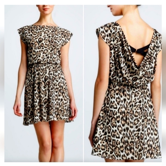 Alice + Olivia Shelie Leopard Open Back Dress Blk/Brn/Tan Cap Sleeve Lined Sz XS - Picture 2 of 16